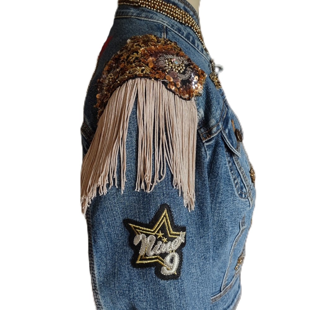 Upcycled Classic Denim Crop Jean Jacket With Hand Embellished Appliques - Picture 5 of 7